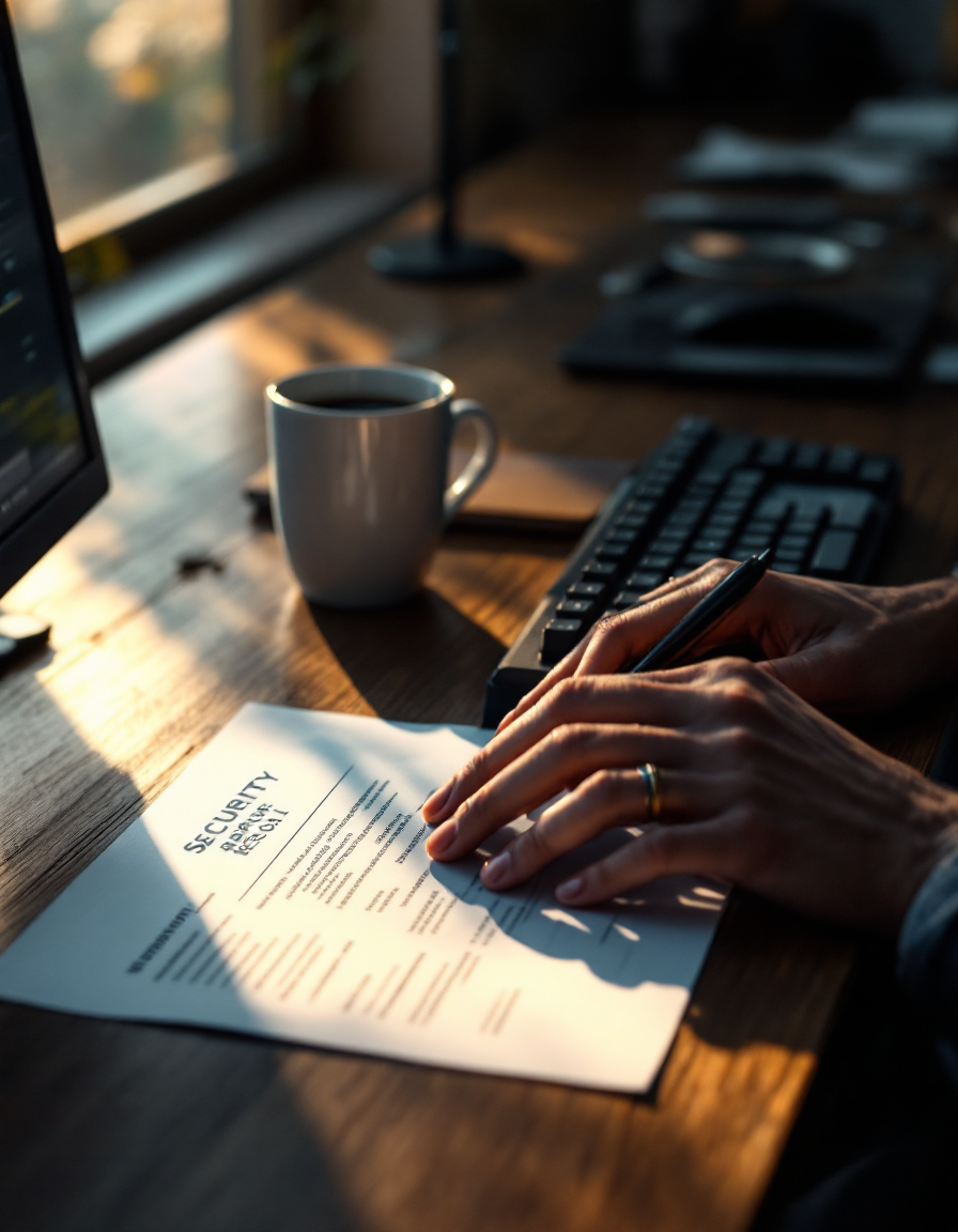 A printed, annotated security report next to a keyboard