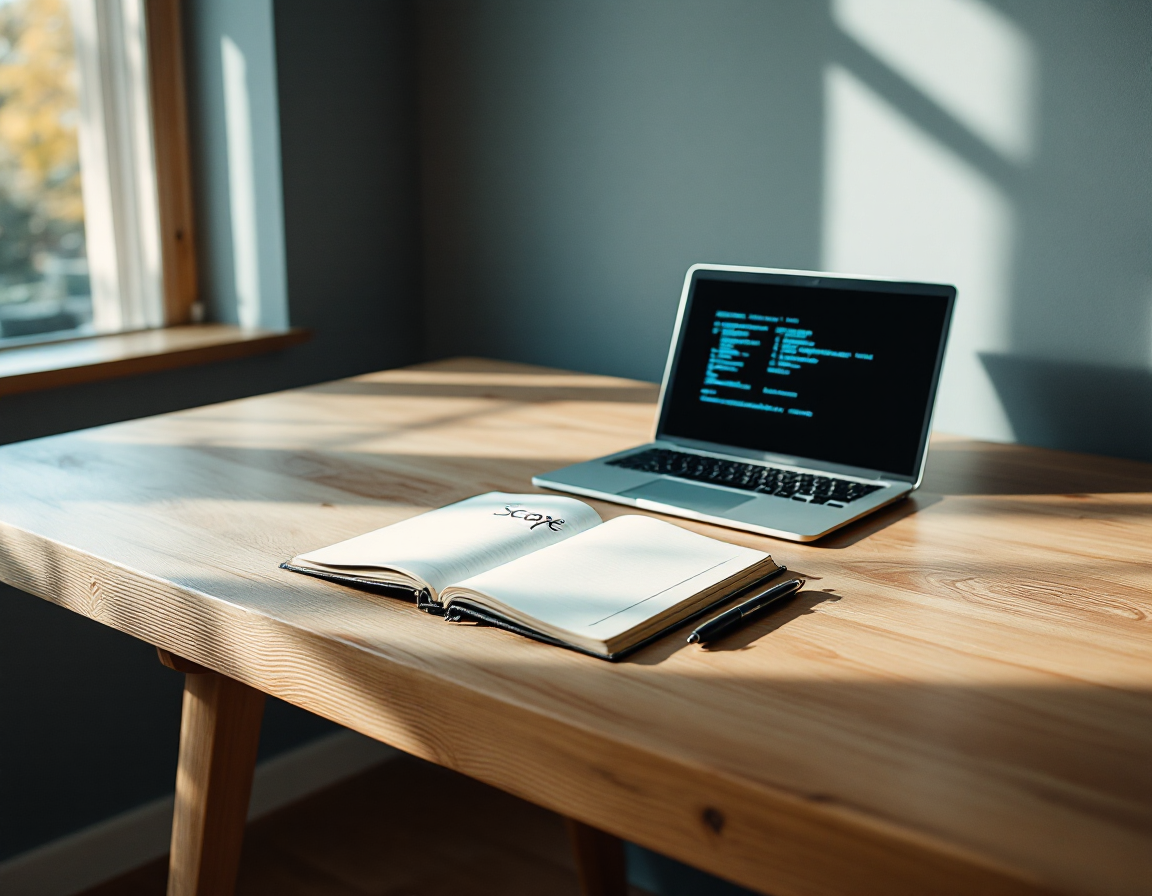 A quiet desk with a scope outline and laptop terminal in soft daylight
